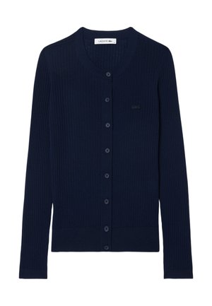 Navy ribbed cardigan made of soft fabric, featuring a round neckline, button-down front, and embroidered logo on the left side.