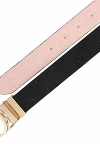 Due cinturini per orologi: uno rosa con motivi in rilievo e borchie, l'altro nero con disegni incisi, entrambi con una chiusura color oro.