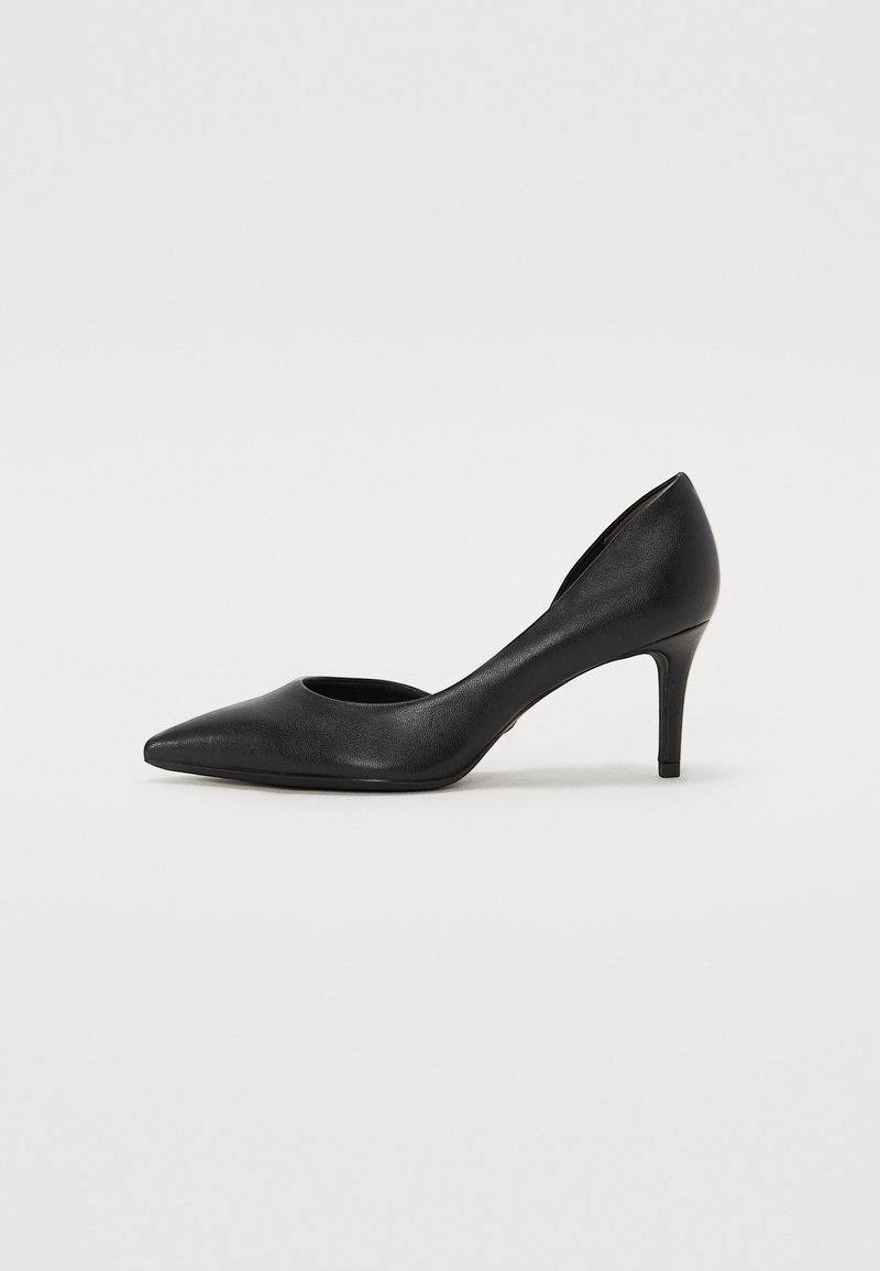 Black leather high-heeled pump with a pointed toe, an open vamp, and a tapered stiletto heel. Smooth texture with subtle grain pattern.