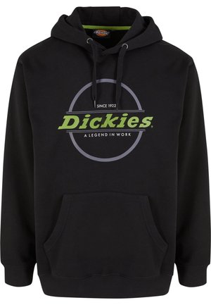 Juodas vilnonis džemperis su kapišonu ir priekiu kišenėje, su žalia ir pilka "Dickies" logo, bei tekstu "Nuo 1922" ir "Legenda darbe."