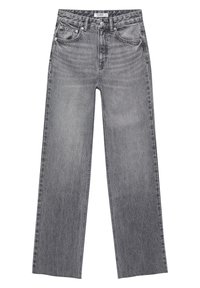 Jeans de pierna recta de talle alto en gris, con botón frontal, cremallera y diseño de cinco bolsillos.