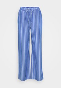 Blue striped pants with a wide-leg design, featuring a drawstring waist and white vertical stripes for contrast. Soft, lightweight fabric.