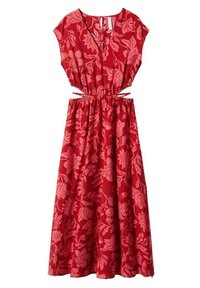 Abito lungo maxi a fiori rossi con maniche corte, vita elastica e fissaggi laterali. Realizzato in tessuto leggero con una texture morbida e una finitura liscia.