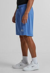 Světlomodré síťované sportovní šortky s elastickým pasem a bočními rozparky. Obsahují bílé logo na dolním lemu a kontrastní zelené detaily.