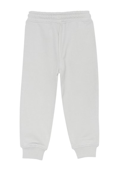 Pantaloni da tuta grigio chiaro con cintura elastica e polsini a coste, mostrati distesi su uno sfondo bianco.