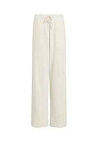 Cremfarbene weite Hosen aus weichem Stoff mit elastischem Taillenbund und Kordelzug. Sie haben einen lässigen Schnitt und eine glatte Textur.