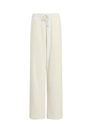 Cremfarbene weite Hosen aus weichem Stoff mit elastischem Taillenbund und Kordelzug. Sie haben einen lässigen Schnitt und eine glatte Textur.