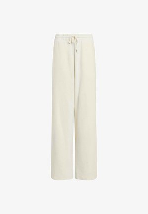 Cremfarbene weite Hosen aus weichem Stoff mit elastischem Taillenbund und Kordelzug. Sie haben einen lässigen Schnitt und eine glatte Textur.