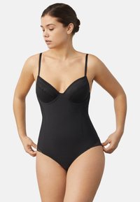 Bodysuit negro con soporte de varilla, acentos de encaje en el busto, tirantes ajustables y una textura suave y elástica para mayor comodidad.
