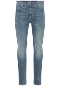 Jeans de mezclilla azul claro con corte slim, que presentan un acabado desteñido, un leve desgaste, cinco bolsillos y un cierre de botón.