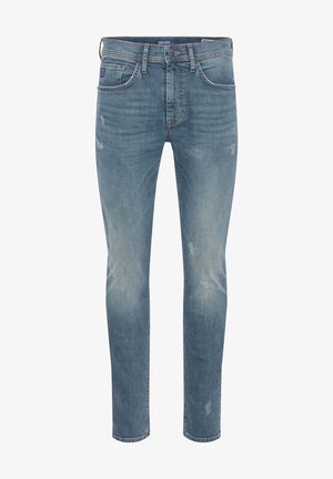 Jasnoniebieskie dżinsy o slim fit, z przetarciami, subtelnym zużyciem, pięcioma kieszeniami oraz zapięciem na guziki.