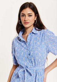 Light blue dress with short sleeves, button-down front, floral eyelet pattern, waist tie, and a soft, textured fabric with striped details.
