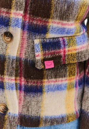 Plaid jacket featuring multicolored patterns in brown, blue, yellow, and red. Soft, fuzzy texture with a pink tag and brown buttons.