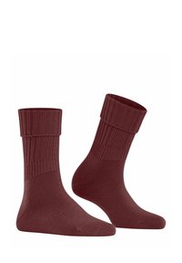 Deux paires de chaussettes bordeaux côtelées sont présentées, mettant en valeur leur texture douce et leurs bords roulés pour un confort supplémentaire.