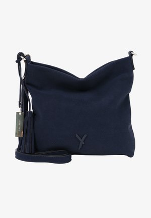 Borsa a mano in suede blu navy con finitura testurizzata, dotata di un'ampia apertura, un tassello staccabile e un semplice dettaglio logo cucito.