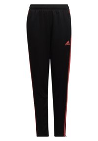 Zwarte sportleggings met een elastische tailleband, voorzien van rode zijstrepen en een adidas-logo op de linkerdij. Gladde stofstructuur.