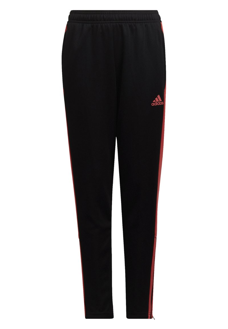 Zwarte sportleggings met een elastische tailleband, voorzien van rode zijstrepen en een adidas-logo op de linkerdij. Gladde stofstructuur.