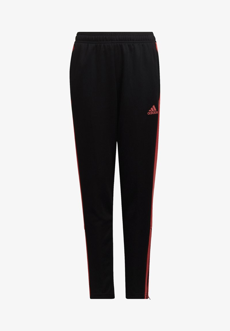 Zwarte sportleggings met een elastische tailleband, voorzien van rode zijstrepen en een adidas-logo op de linkerdij. Gladde stofstructuur.