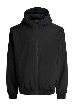 Schwarze Kapuzenjacke mit Frontreißverschluss, elastischen Bündchen und Bund, dargestellt auf weißem Hintergrund.