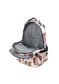 Rugzak met een witte buitenkant en kleurrijke cartoonfiguren. Het heeft een ruime grijze binnenkant en een ritssluiting.