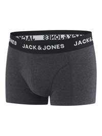 Herren Bokser-Braids aus dunkelgrauem Stoff mit einem schwarzen Bund, der mit weißen "JACK & JONES"-Markierungen versehen ist. Weicher Stoff, figurbetontes Design.