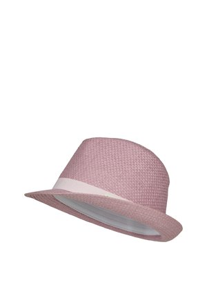 Light pink woven fedora hat with a pale pink band around the base of the crown, angled to show the inner lining.