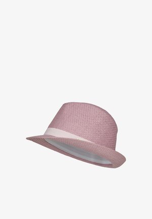 Light pink woven fedora hat with a pale pink band around the base of the crown, angled to show the inner lining.