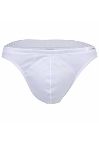 Biancheria intima da uomo stile slip bianca con pannello frontale sagomato e fascia elastica in vita, mostrata distesa su sfondo bianco.