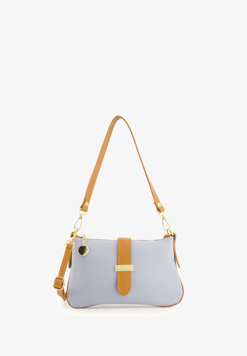 Light blue leather handbag with a tan strap, gold hardware, and a front tab. Features a round charm and a textured finish.