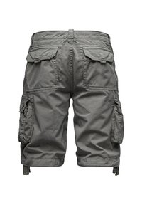 Gray cargo shorts made of lightweight fabric, featuring multiple pockets and a relaxed fit. Adjustable side straps at the hem.