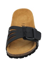 Black slide sandal with a textured cork insole, a buckle strap, and cut-out design details on the strap; rubber outsole. Size 37.
