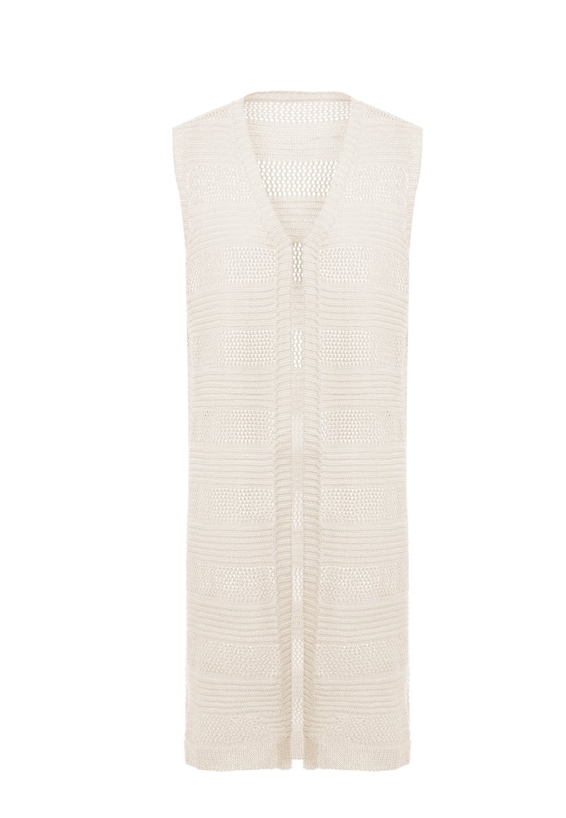 Gilet senza maniche lavorato a maglia color crema, con scollatura a V, apertura frontale e varie righe testurizzate. Materiale leggero e traspirante.