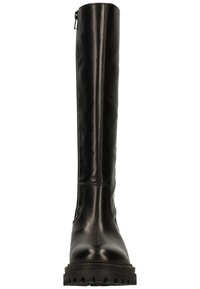 Bottes en cuir noir, hauteur genou, avec une finition lisse, fermeture éclair sur le côté, et semelle robuste avec des crampons profonds pour une meilleure adhérence.
