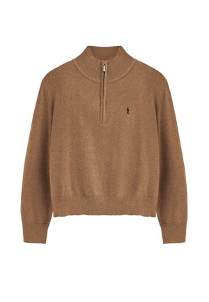 Brun strikket pullover med høj krave, kvart lynlås og ribstrikkede manchetter. Har et logo på brystet. Blød tekstur.