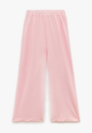 Roze wijde broek gemaakt van lichtgewicht stof, met een zachte, textuurafwerking en een elastische tailleband voor comfort.