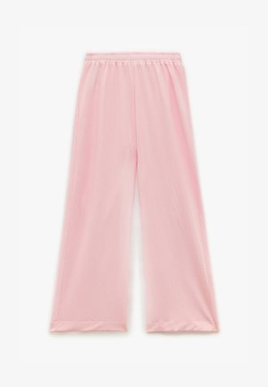 Roze wijde broek gemaakt van lichtgewicht stof, met een zachte, textuurafwerking en een elastische tailleband voor comfort.