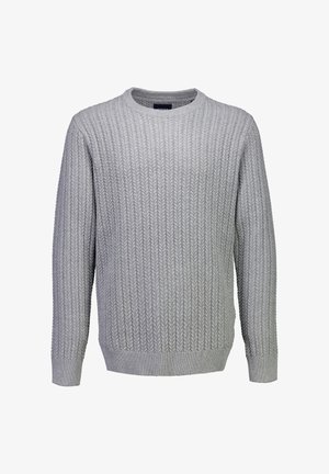 Vaaleanharmaa cable-knit pitkähihainen neule, jossa on ribattuja kaulusta, hihansuja ja helmaa, esillä valkoista taustaa vasten.