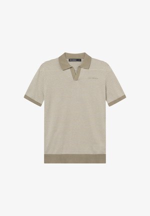 Krátký rukáv béžovo-bílé polo tričko s vodorovnými pruhy, béžovým límečkem a manžetami a malým logem značky na hrudi.