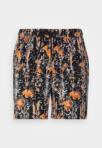 Pantalones cortos negros con cordón, con un estampado floral y de hierbas en naranja y blanco, cinturilla elástica y bolsillos laterales.