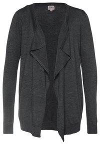 Ciemnoszara, otwarta kardigan z długimi rękawami i opadającym kołnierzem, wykonany z dzianiny.