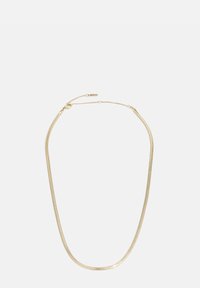 Gold-colored necklace with a sleek, curved design. Features a smooth texture and a clasp with an adjustable chain for sizing.