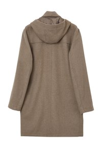Cappotto in misto lana marrone con cappuccio, caratterizzato da una silhouette dritta, tessuto testurizzato e dettagli di cucitura, che offre un design caldo e strutturato.