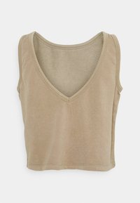 Débardeur court beige sans manches avec col en V et coutures visibles sur fond blanc.
