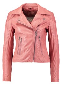 Roze leren motorjack met een gekartelde kraag, voormezipper en drie ritszakken. Heeft een getailleerd ontwerp en een gestructureerde afwerking.