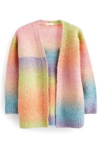 Cardigan doux à ouverture avant, manches longues, avec une texture duveteuse et des rayures arc-en-ciel pastel horizontales en rose, vert, orange, bleu et violet.