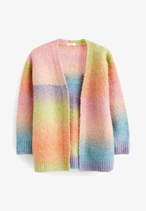 Suéter suave y peludo de manga larga con rayas horizontales en tonos pastel de rosa, naranja, amarillo, verde, azul y púrpura, visto desde atrás.