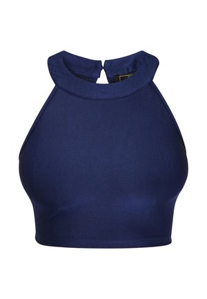 Ærmeløs marineblå halter crop top med høj halsudskæring og lukkes med knapper bagpå, lavet af blødt stof.