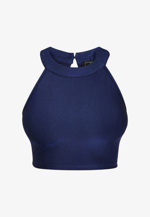 Hihaton, tummansininen, korkeakauluksinen lyhyt toppi, jossa takana napitettava suljenta, valmistettu sileästä kankaasta.