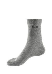 Graue Baumwollsocke mit einem gerippten Bund, abgerundeter Spitze und der Marke "H.I.S" in Schwarz nahe der Oberseite gedruckt. Glatte Textur, Knöchellänge.