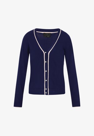 Marine blauwe gebreide cardigan met een V-hals, crème bies langs de randen en zes parelknopen aan de voorkant. Lange mouwen en een getailleerde pasvorm.